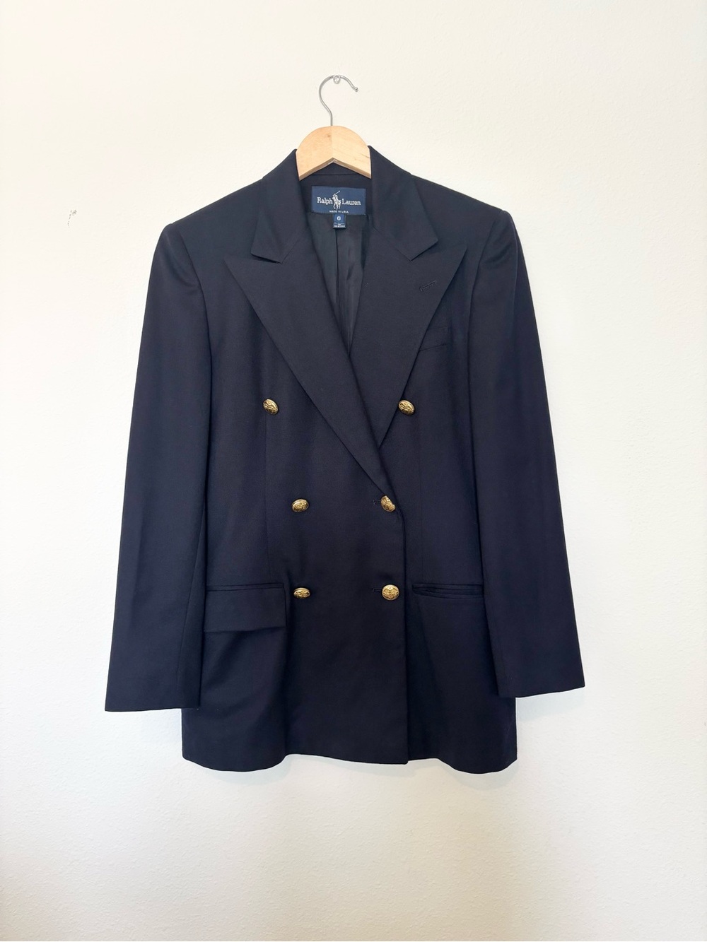 VTG Ralph Lauren Blue Label Double Breasted Wool Navy Blazer Sz 6 Gold Buttons